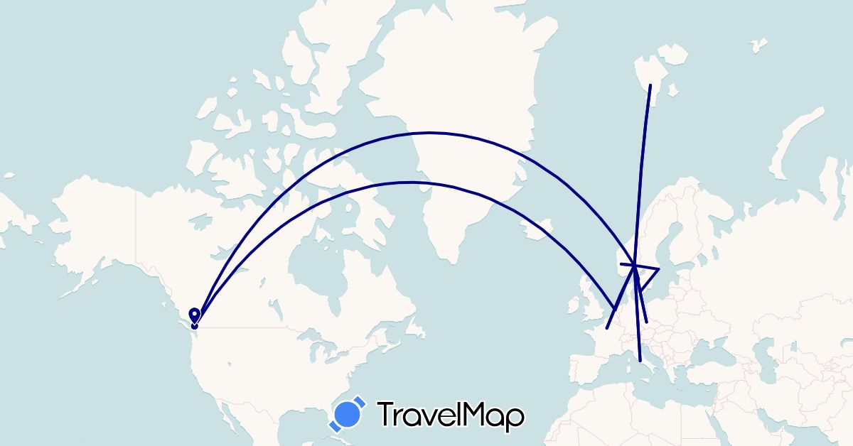 TravelMap itinerary: driving in Canada, Czech Republic, Denmark, France, Italy, Netherlands, Norway, Sweden, Svalbard and Jan Mayen (Europe, North America)
